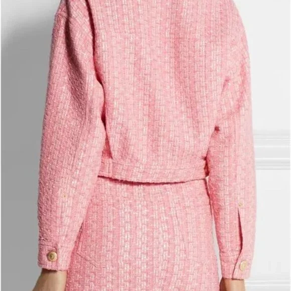 MOSCHINO COUTURE RAFFIA BOUCLE PINK TWEED JACKET SKIRT SET 2017 RUNWAY SZ 8